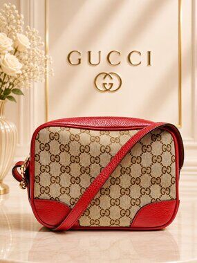 Authentic Gucci GG Canvas Red Leather Crossbody Camera Bag Auth Vintage